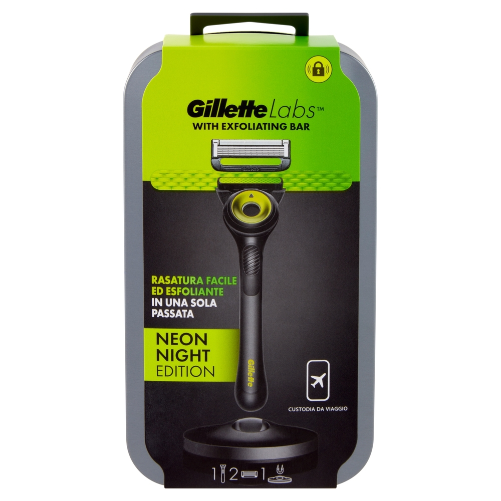 Gillette Rasoio da Uomo Labs Neon Night Edition Travel Manico + Lamette di Ricambio, 2 Ricariche